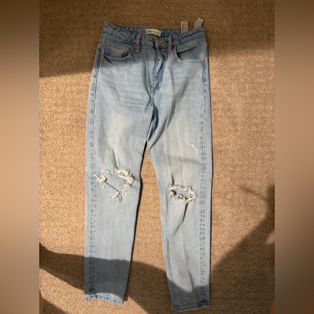 Zara Light Blue Ripped Boyfriend Jeans